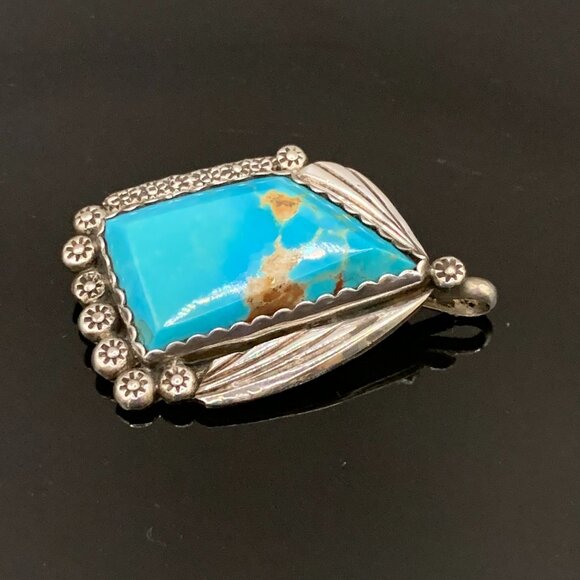 Native American Navajo Turquoise Sterling Silver Pendant Brooch Pin Signed R - Picture 8 of 15